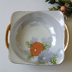Noritake NipponTokiKaisha Handpainted Chrysanthemums Gold Handled Square Bowl